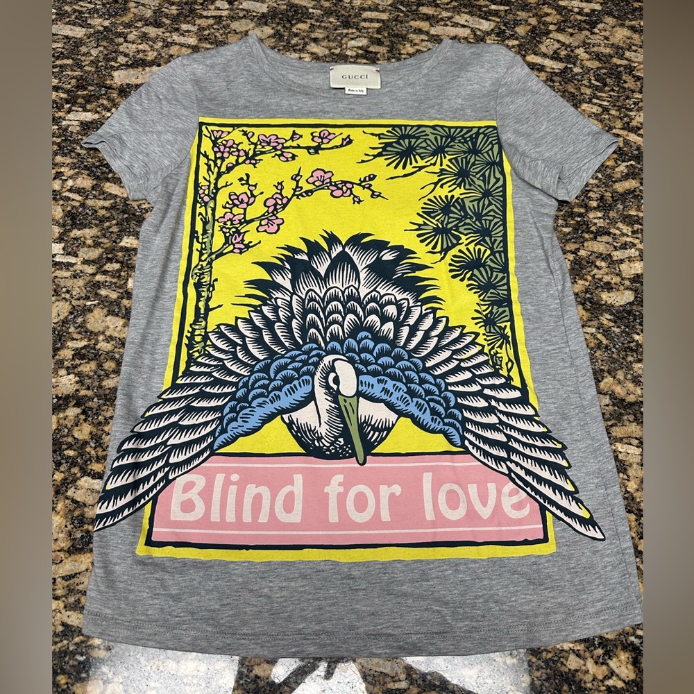 Gucci Gray Tee with Yellow and Pink Graphic